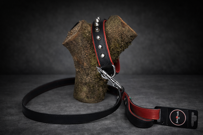 Luxe leren hondenhalsband & riem set – zwart/rood met studs Jack and vanilla