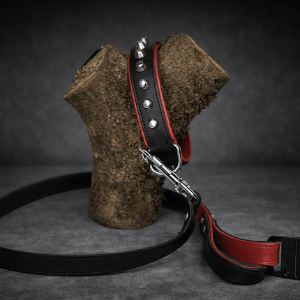 Luxe leren hondenhalsband & riem set – zwart/rood met studs Jack and vanilla